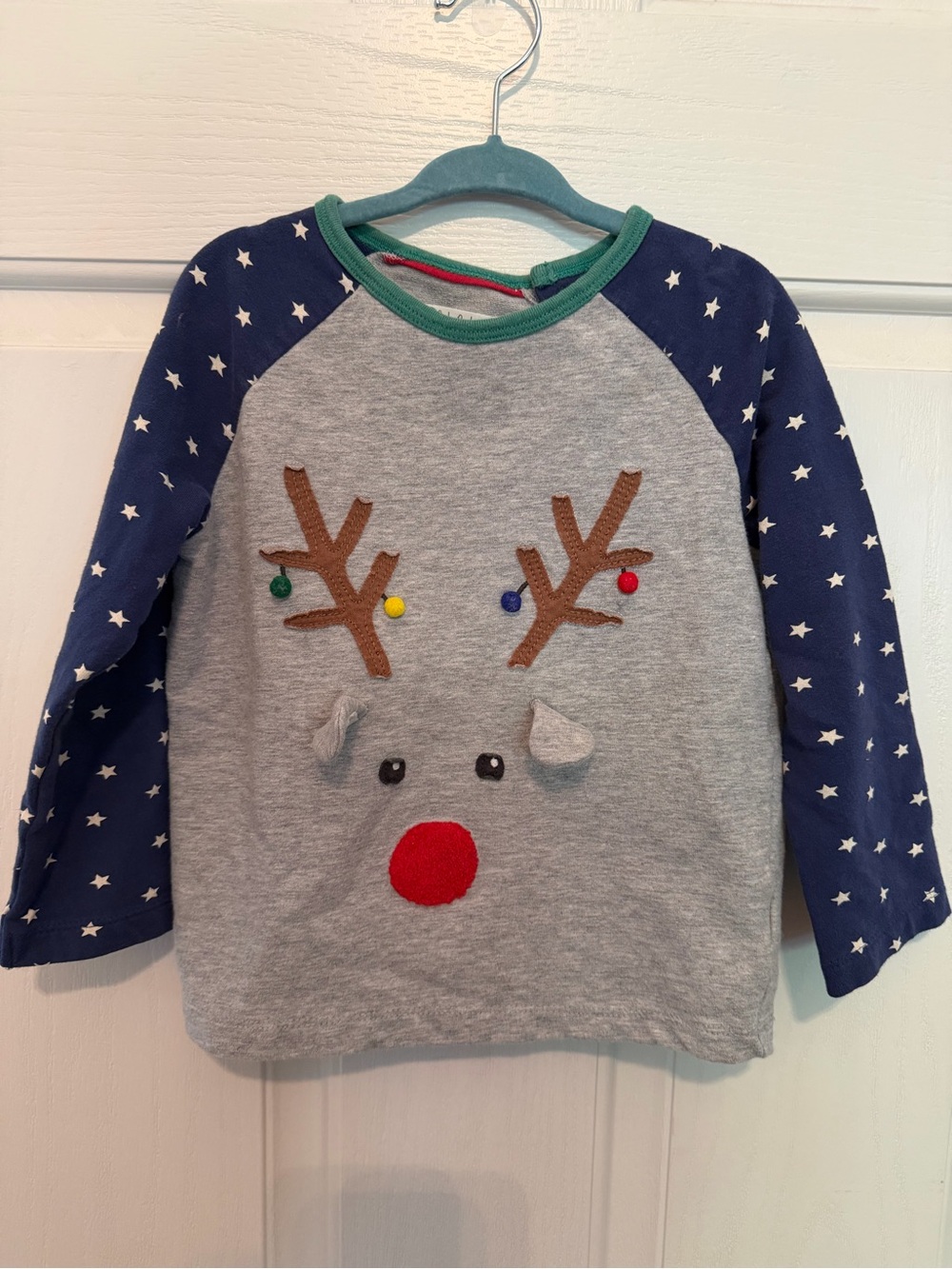 Baby Boden Grey Appliqué Reindeer Tee with Navy Star Sleeves and Red Nose